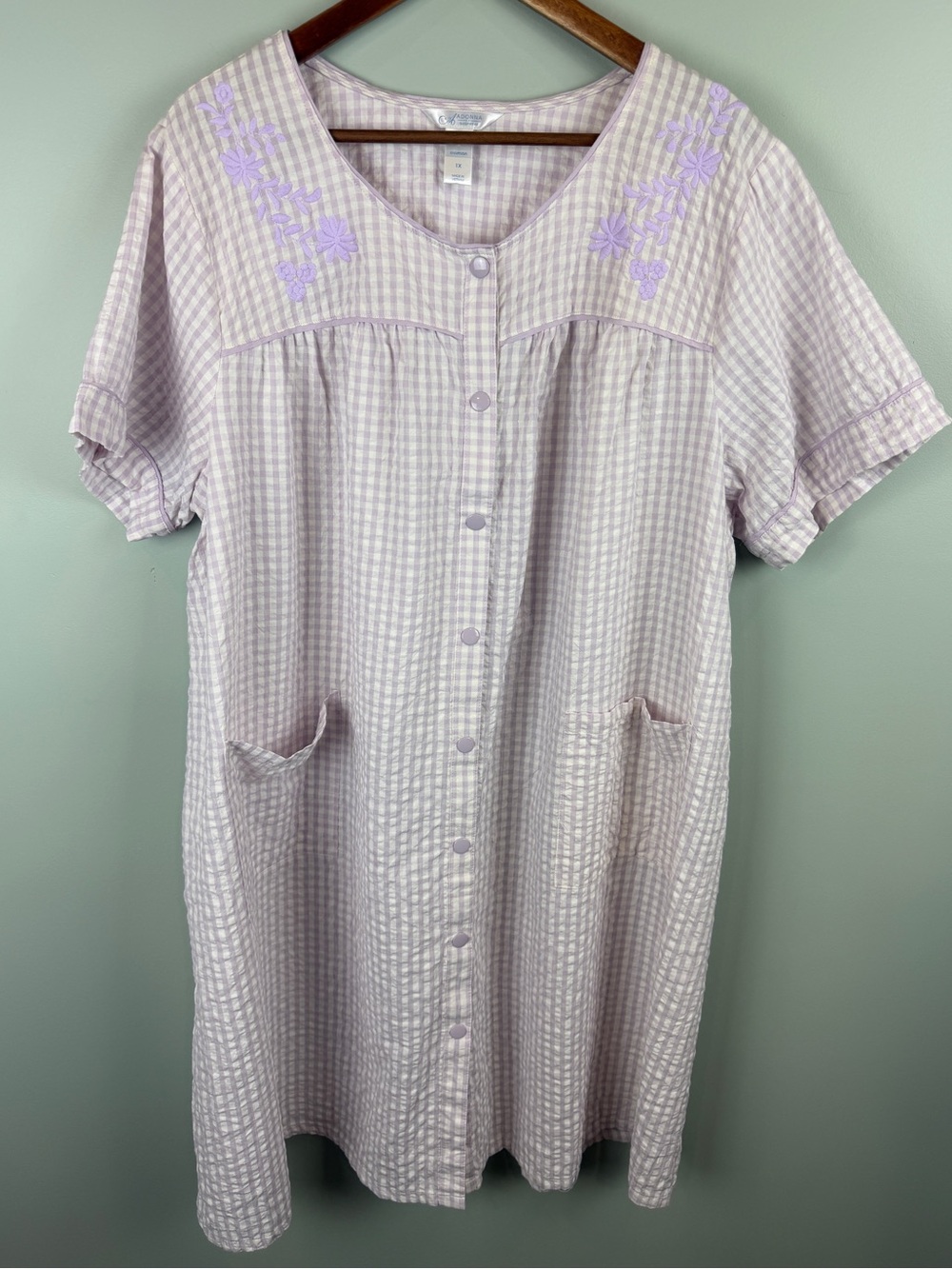 Adonna Lavender Gingham floral embroidered Duster Snap Front Nightgown size 1X